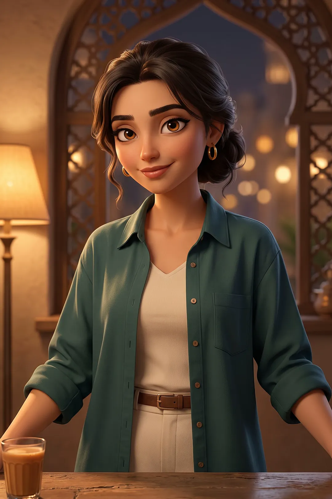 Layla, an animated AI tutor, smiling in a warm café at dusk with a glass of karak tea on the table