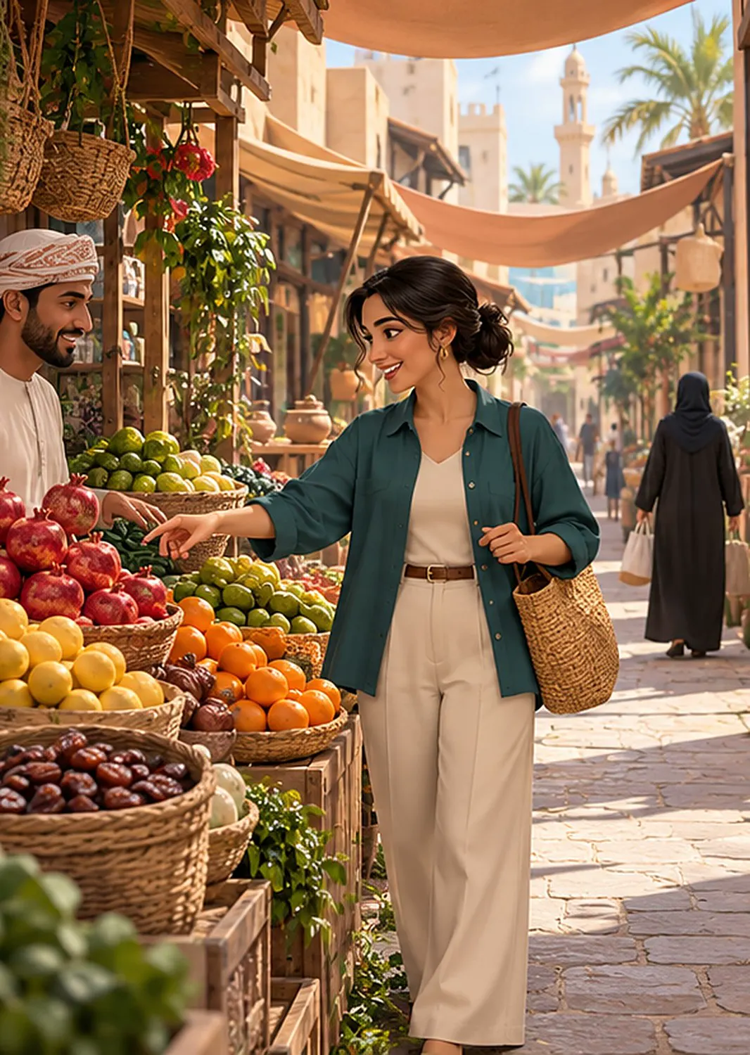 Layla at a fruit stall in a sunny souq, pointing at the pomegranates while the stallholder smiles